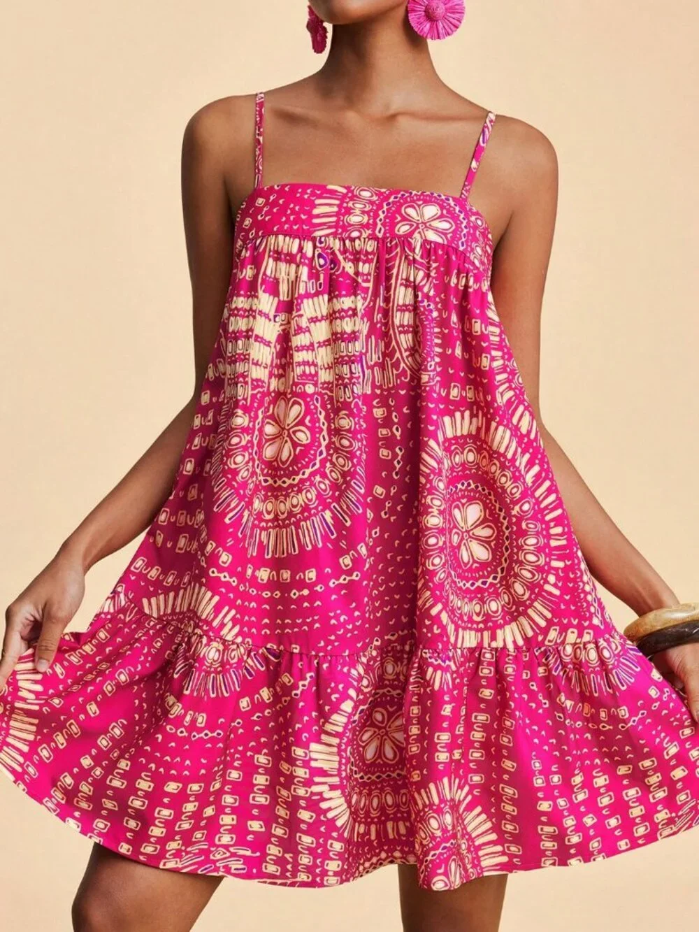 Multicolor Boho Women's Mini Dress Allover Print, Casual Vacation Beach Outfit - Picture 1 of 7